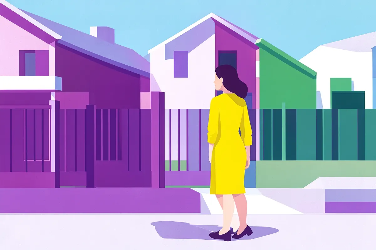 Mulher observando a fachada de casas em um condomínio fechado
