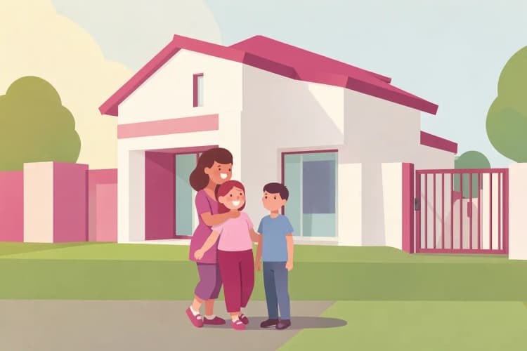 Família feliz em frente a uma casa nova em um condomínio fechado