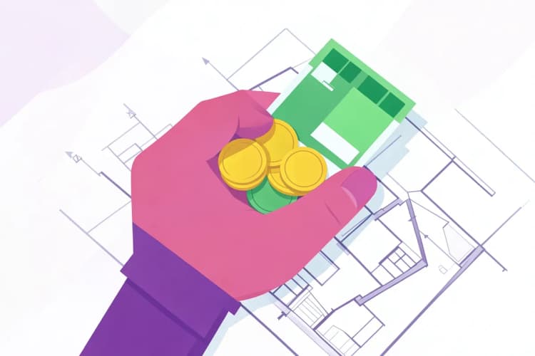 Mão segurando moedas e notas de dinheiro sobre uma planta de casa