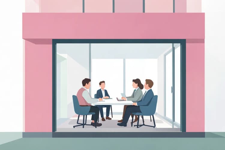 Fachada de um escritório de vendas de imóveis com pessoas discutindo um projeto em uma mesa