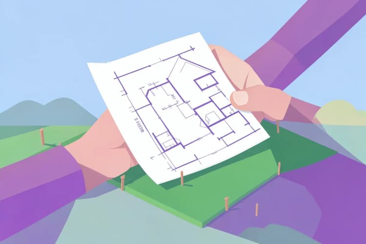 Mão segurando uma planta baixa de uma casa sobre um terreno com estacas de marcação