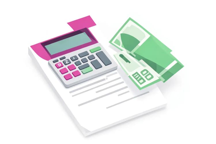 Calculadora e notas de dinheiro sobre um contrato de compra e venda de imóvel