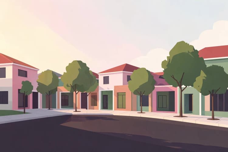 Fachada de casas em um bairro residencial de Sorocaba com árvores e calçadas organizadas