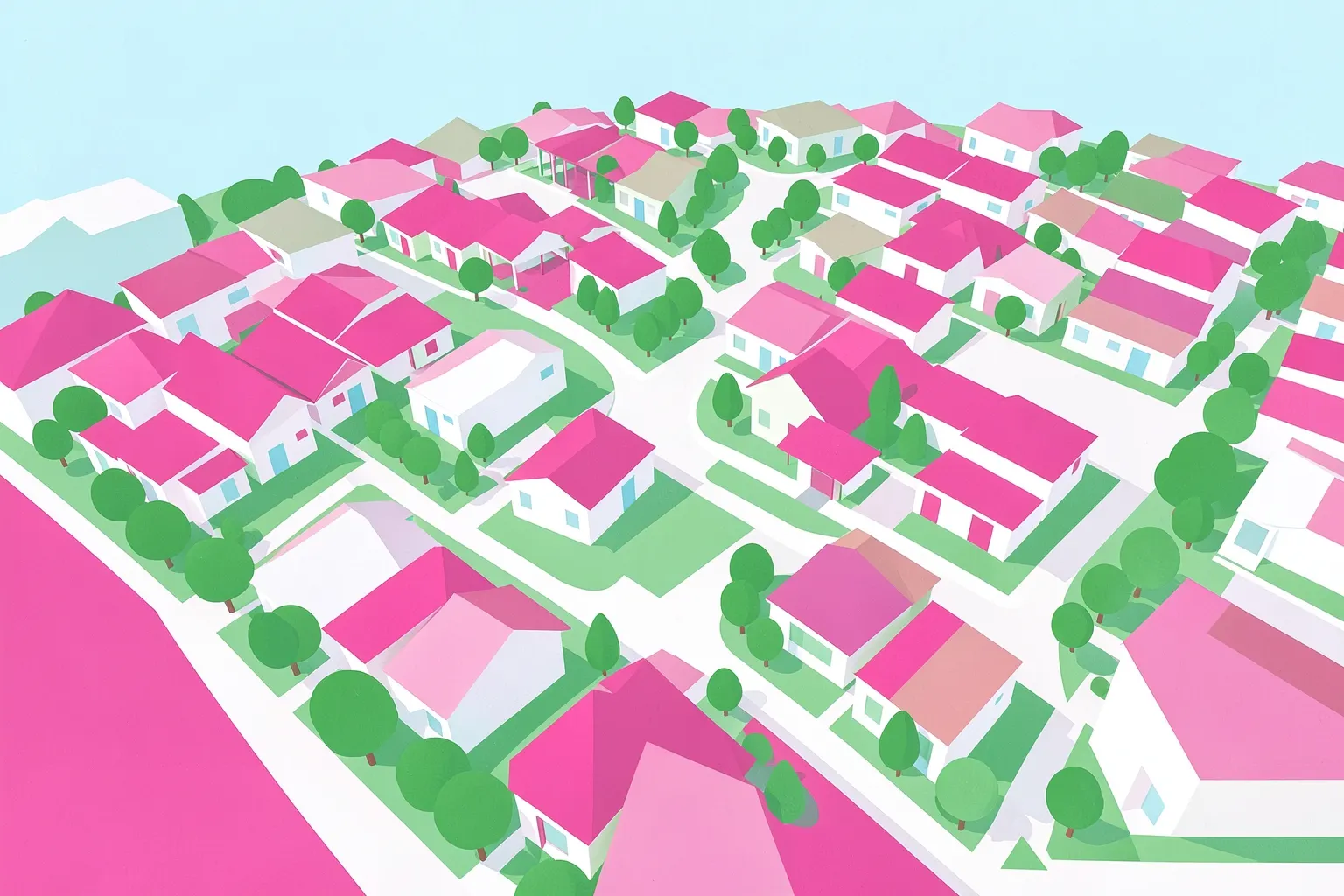Vista aérea de um bairro planejado em Sorocaba com casas em construção e ruas arborizadas