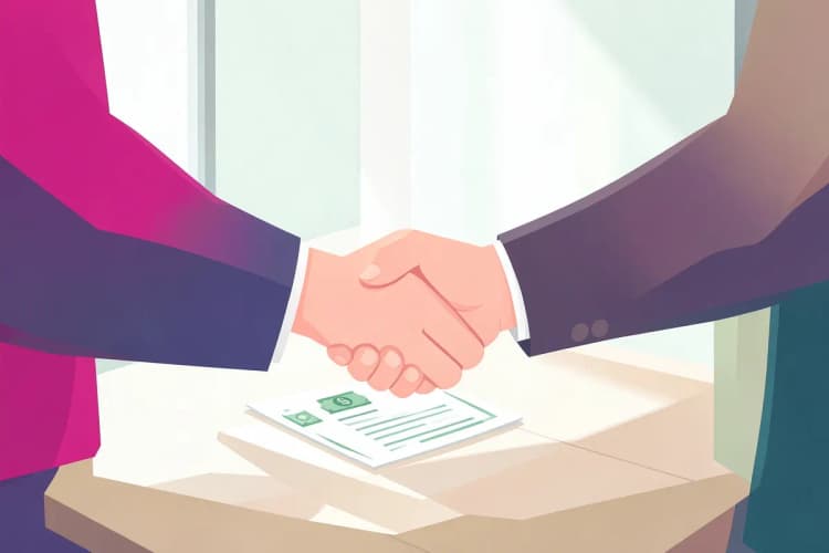 Duas pessoas apertando as mãos sobre uma mesa com dinheiro e um contrato, representando a negociação e acordo de compra de um lote.