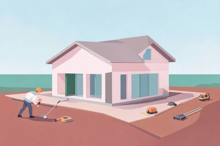 Uma maquete de uma casa sendo construída em um lote de terra, com ferramentas de construção ao redor.