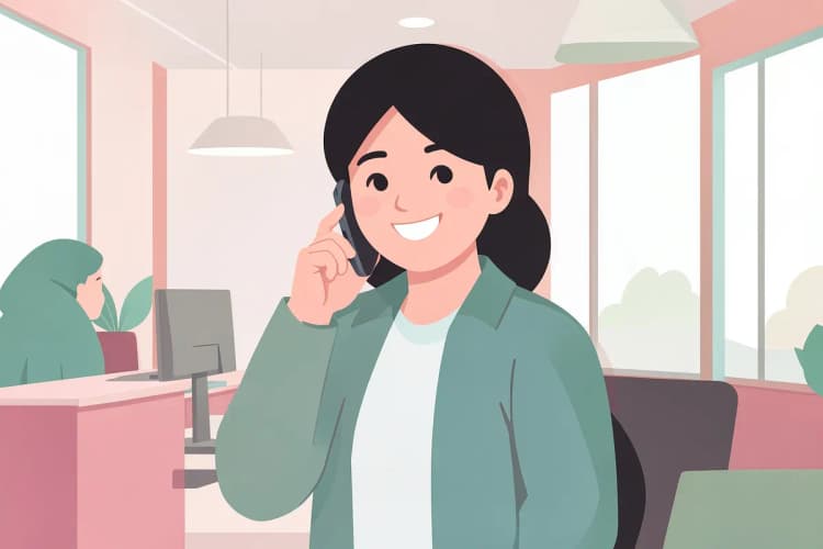 Pessoa sorrindo ao telefone em um escritório de imobiliária.